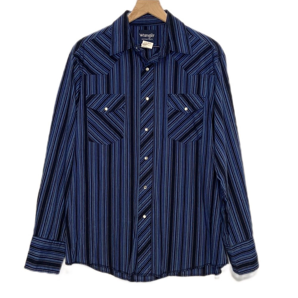 Wrangler Western Pearl Snap Long Sleeve Stripe Navy and Black Shirt Large